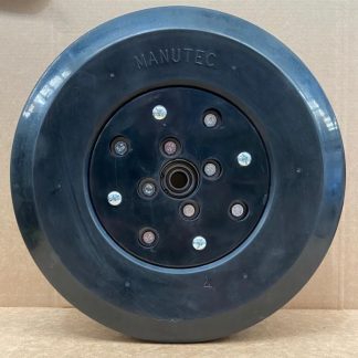 13 INCH SEALED BEARING PRESS WHEEL (16MM) WITH 75MM WIDE FLAT WEDGE TYRE AND CHEEKS FITTED.