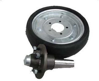 15 inch Galvanised Press Wheel - HT Hub - Round Axle Complete with 100mm Flat Solid Tyres on Wheels