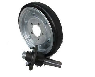 15 inch Galvanised Press Wheel - HT Hub - Round Axle Complete with 55mm Flat Solid Tyres on Wheels