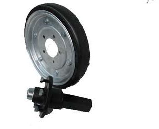 15 inch Galvanised Press Wheel - HT Hub - Square Axle Complete with 55mm Flat Solid Tyres on Wheels