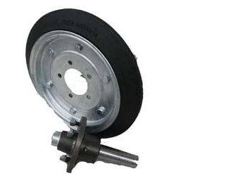 15 inch Galvanised Press Wheel - HT Hub - Round Axle Complete with 55mm Wedge Solid Tyres on Wheels