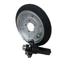 15 inch Galvanised Press Wheel - HT Hub - Square Axle Complete with 55mm Wedge Solid Tyres on Wheels