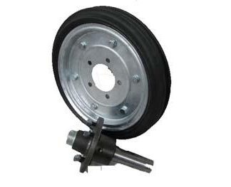 15 inch Galvanised Press Wheel - HT Hub - Round Axle Complete with 80mm Ribbed Semi-Pneumatic Tyres on Wheels