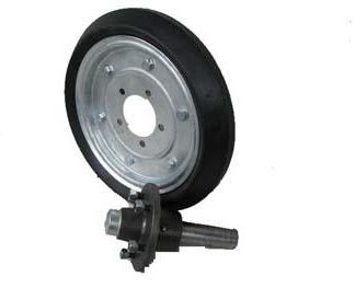 15 inch Galvanised Press Wheel - HT Hub - Round Axle Complete with 80mm Wedge Solid Tyres on Wheels