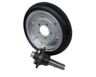 15 inch Galvanised Press Wheel - HT Hub - Round Axle Complete with 90mm Round Solid Tyres on Wheels