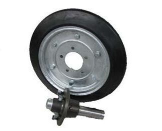 15 inch Galvanised Press Wheel - HT Hub - Round Axle Complete with 16 inch 70mm Vee Solid Tyres on Wheels