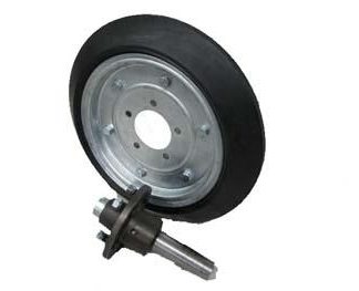 15 inch Galvanised Press Wheel - HT Hub - Round Axle Complete with 16 inch 80mm Wedge Semi-Pneumatic Tyres on Wheels